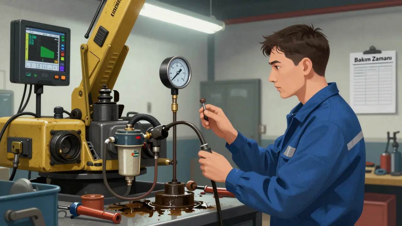 Teknikyen, kule vinçin yakıt göstergesini ve yağ filtresini kontrol ediyor, arka planda veri ekranı görünüyor.