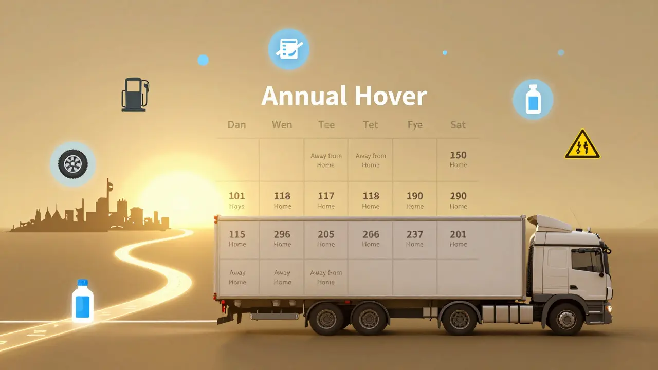 Tır şoförünün yıllık 150 gün evden uzak kalması ve masraflarla mücadele eden bir takvim.