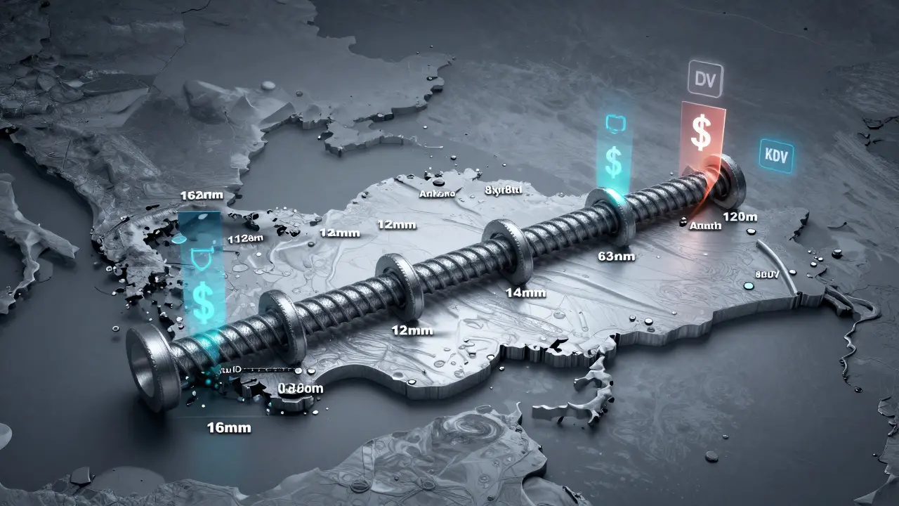 Türkiye haritası üzerinde farklı çaplarda demir çubuklar uzanıyor, her biri karşılık gelen metre uzunluğu ile etiketlenmiş.