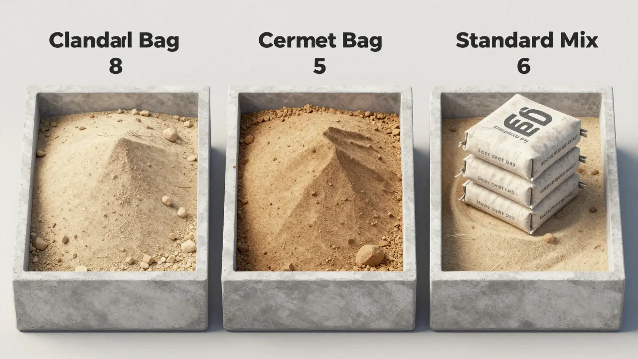 Üç farklı kum türüne göre çimento miktarları: ince kumda 8 torba, kaba kumda 5 torba, standartta 6 torba.