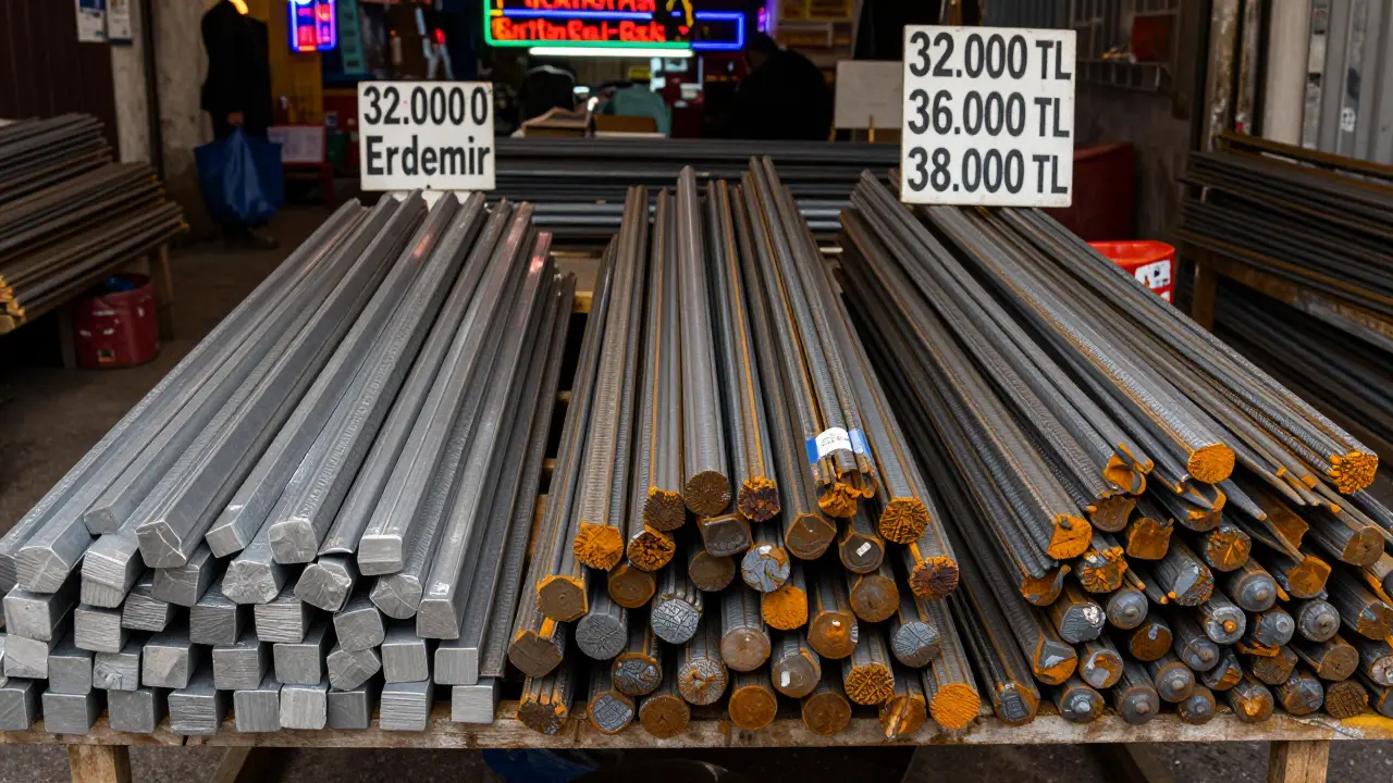 Üç farklı markalı inşaat demiri yan yana sergileniyor, her birinin fiyatı ve kalitesi görsel olarak karşılaştırılıyor.