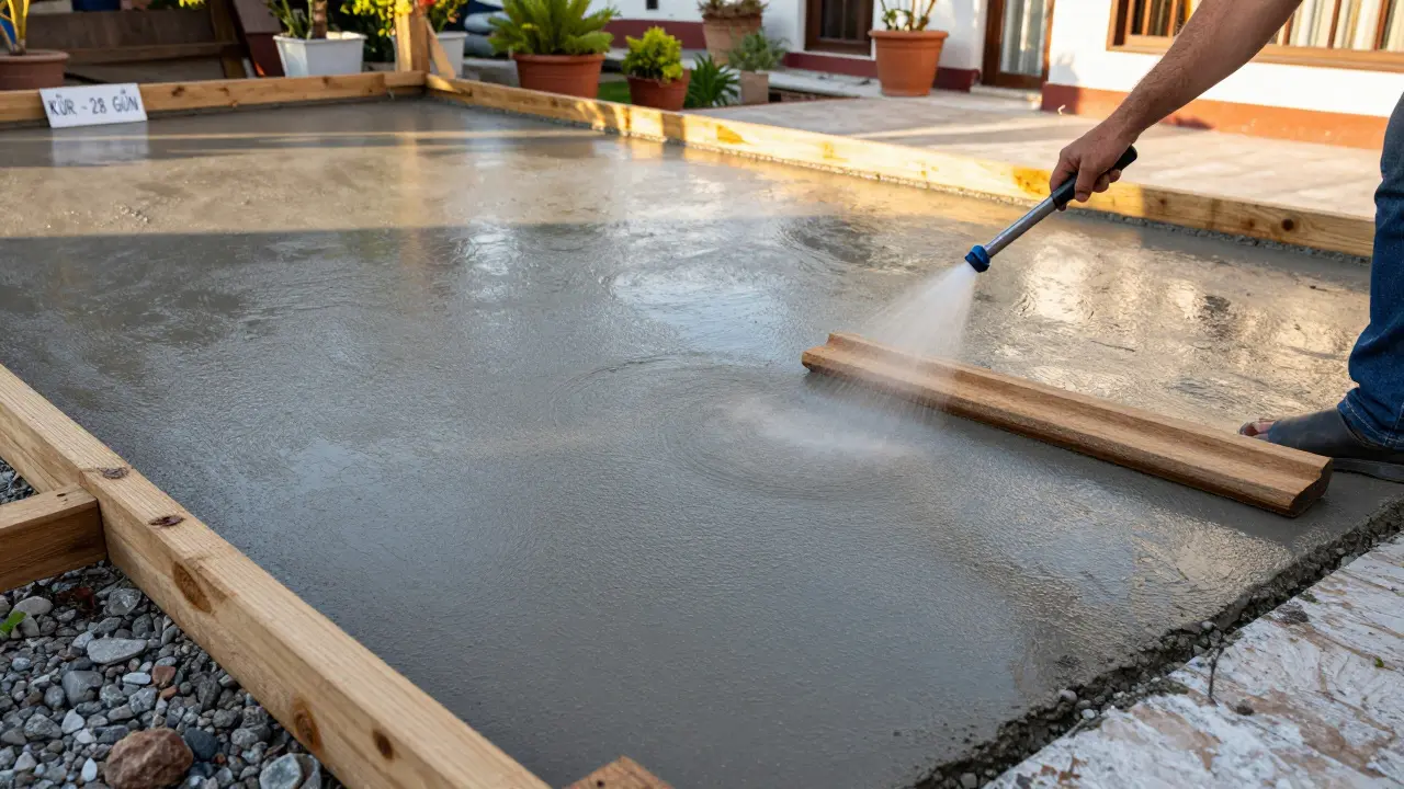 Yeni dökülen beton bir terasa su püskürtülüyor, kür işlemi başlıyor.