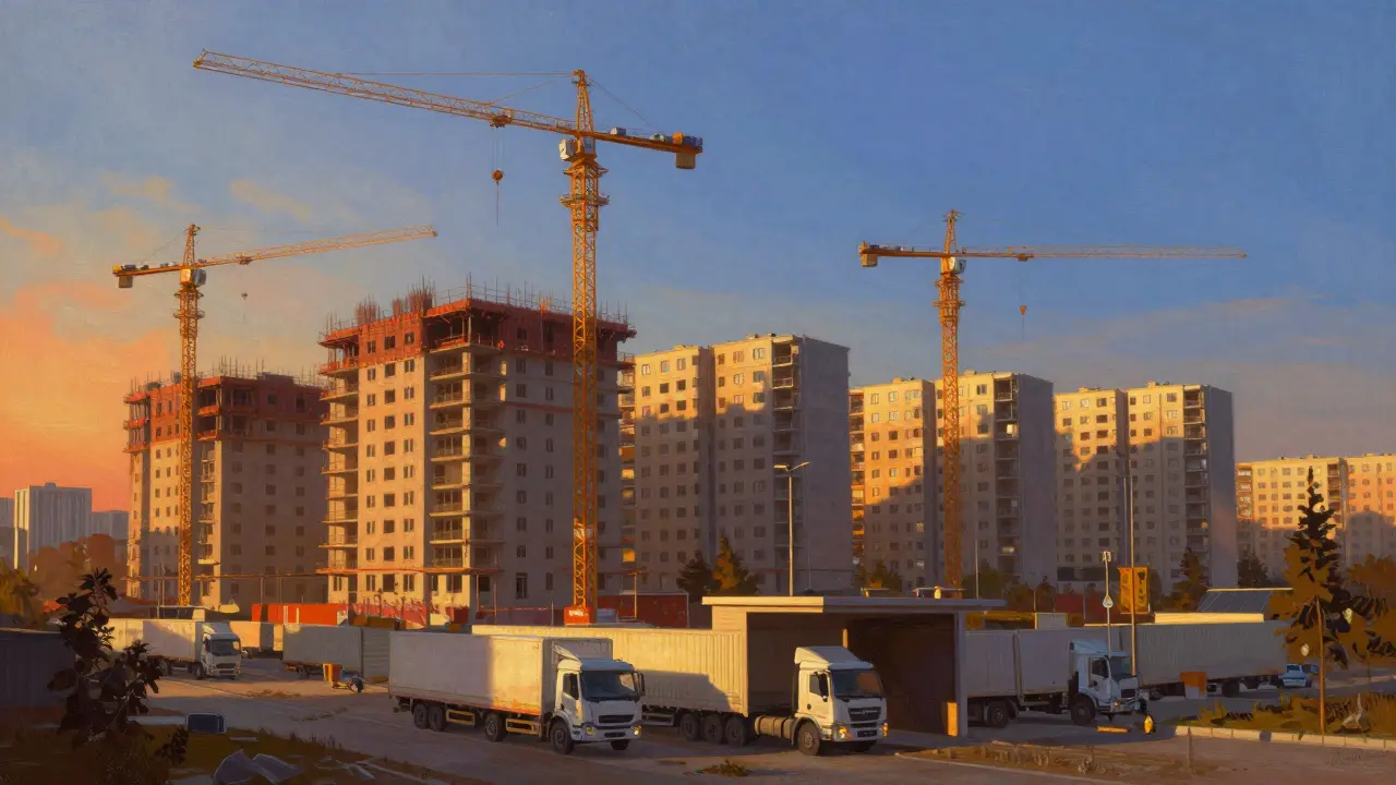 Altın saatte şehir manzarasında arka planda duran birden fazla kule vinç gölgeleri.