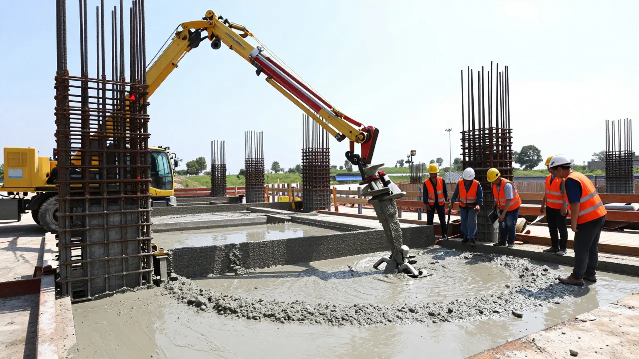 Beton pompası ile radye temele beton dökümü ve vibratör kullanımı sırasında işçiler.