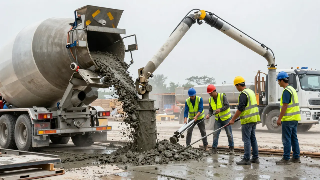 Beton pompasından kolon kalıbına taze beton dökümü yapan işçiler.