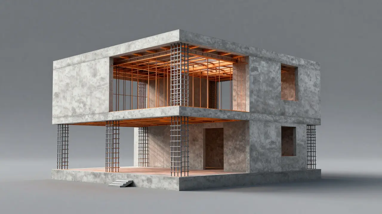 Betonarme yapı içinde yer alan demir iskeletin şematik görünümü