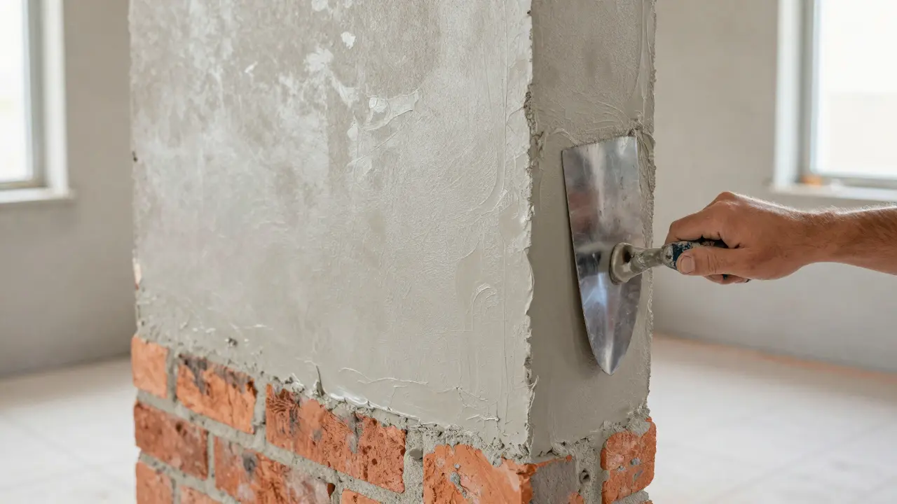Bir duvar üzerine mala ile pürüzsüzce uygulanan gri genel amaçlı sıva çimentosu.