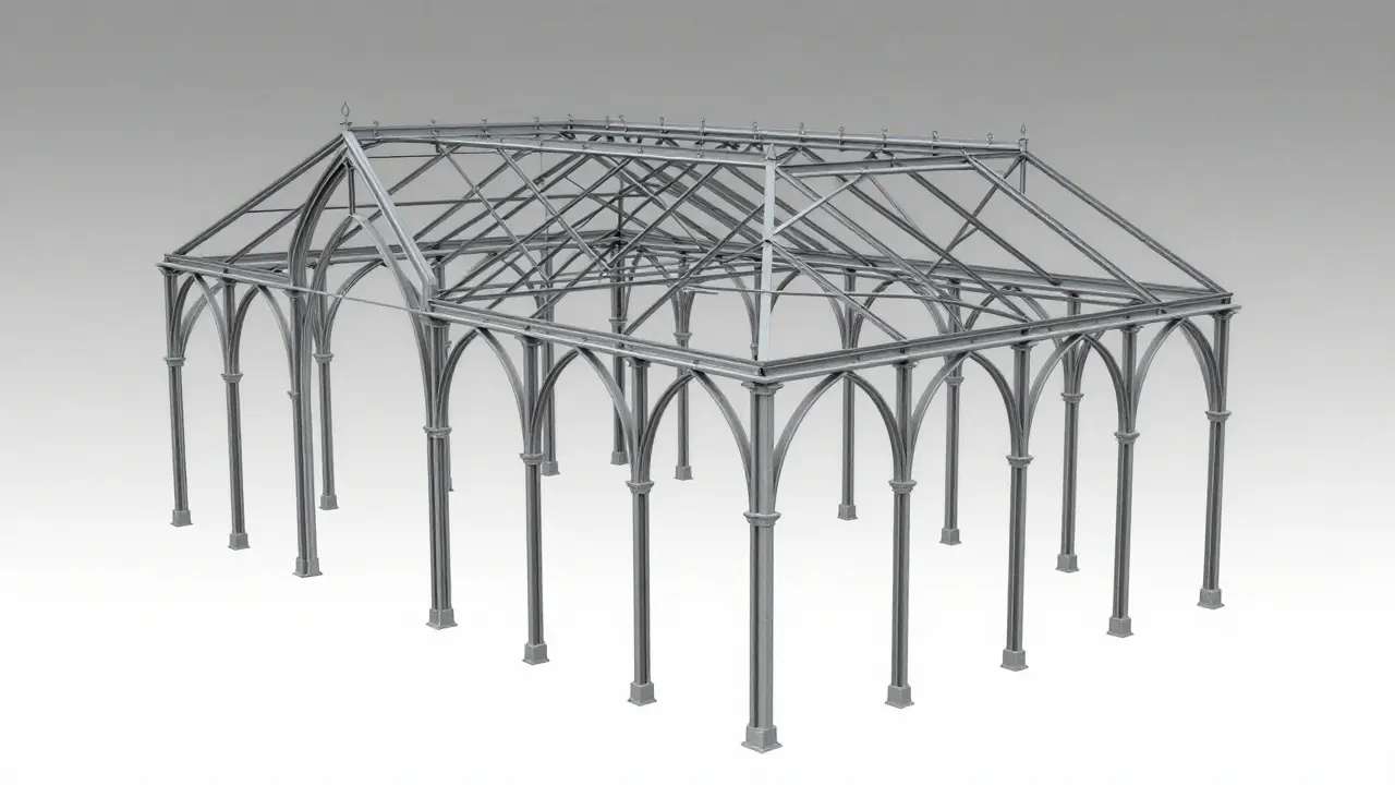 Gotik tip seranın taşıyıcı kolonlarını ve çatı makaslarını gösteren teknik iskelet yapısı.