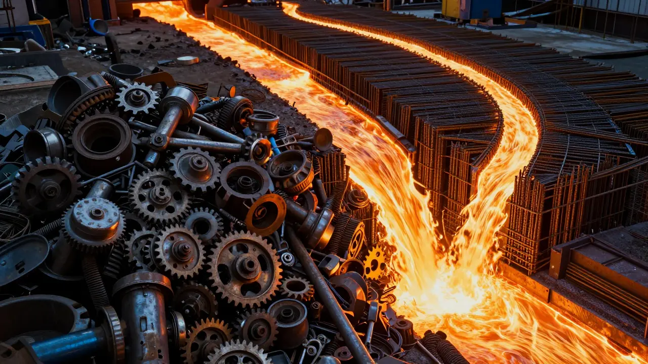 Hurda demirin eritilerek yeni inşaat demirine dönüştüğü döngüsel süreç