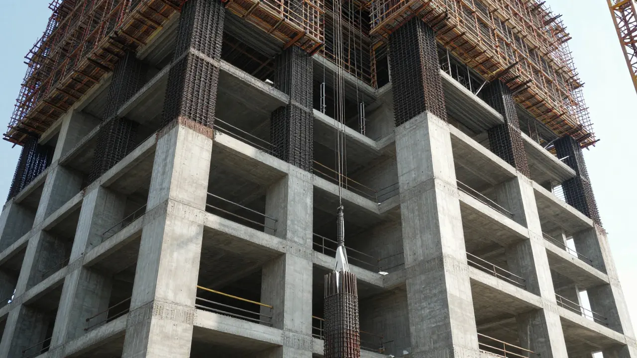 İnşaat alanında dökülen yüksek dayanımlı beton kolonlar ve çelik donatılar.