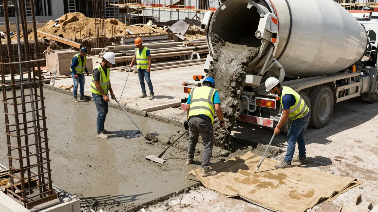 İnşaat sahasında beton dökümü ve kürleme işlemi yapan işçiler