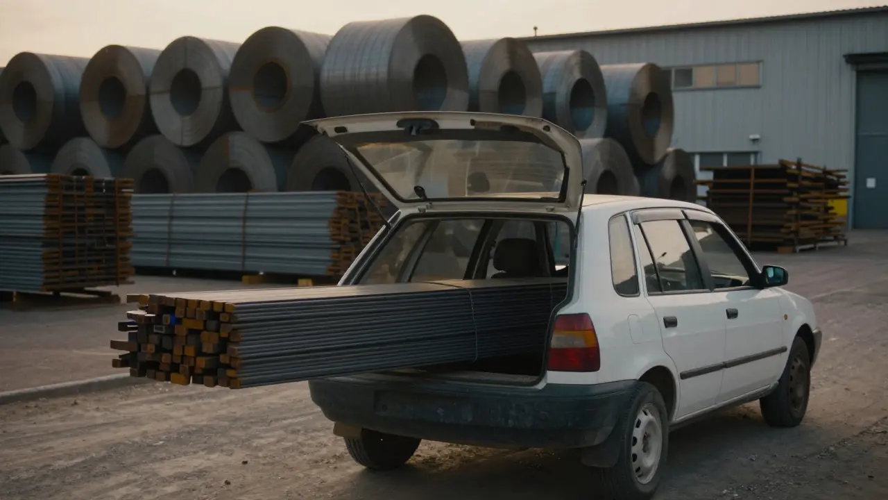 Küçük miktarda inşaat demirinin binek bir aracın bagajına yüklendiği depo sahnesi