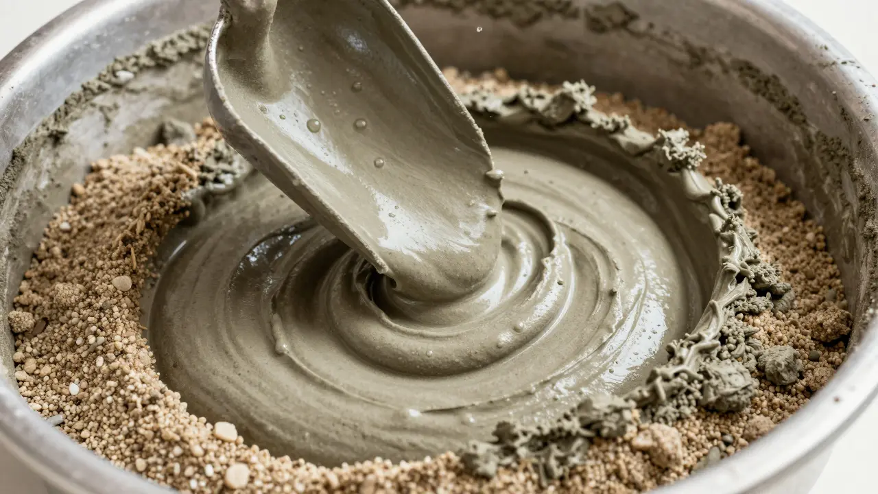 Kürekle karıştırılan ideal kıvamda çimento ve kum harcı