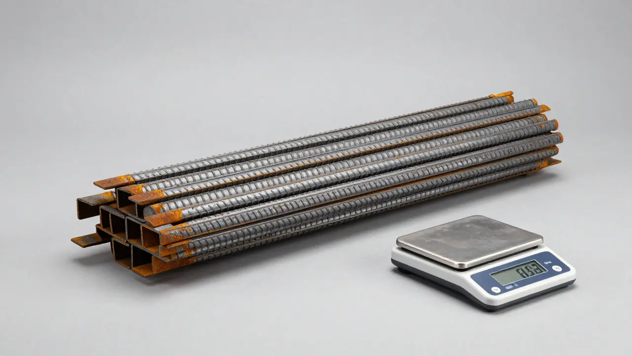 Nervürlü inşaat demirinin dokusunu ve ağırlığını gösteren detaylı endüstriyel çekim