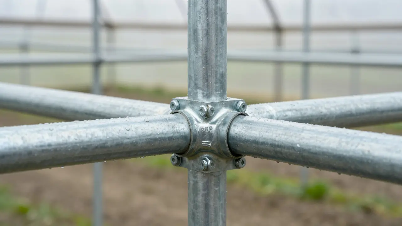 Sera iskeletinde kullanılan galvaniz boru ve bağlantı saclarının detay çekimi.