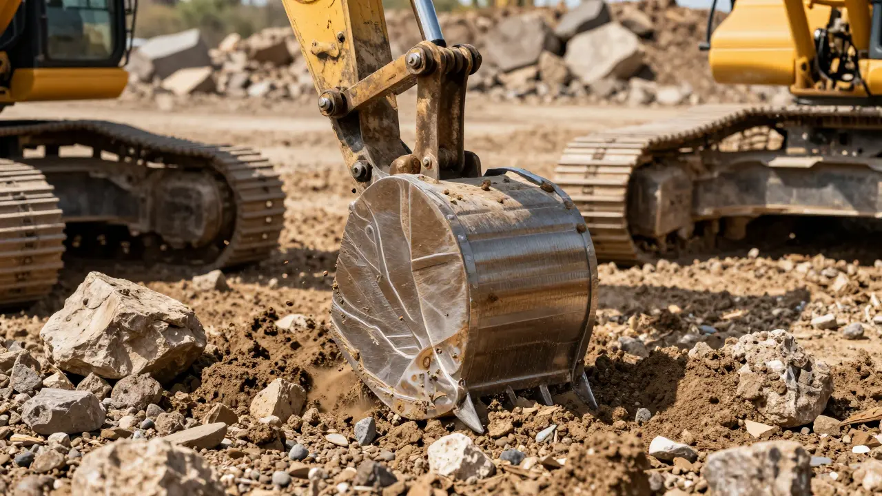 Sert kayalık zemini kazan ekskavatör kepçesinin detay çekimi