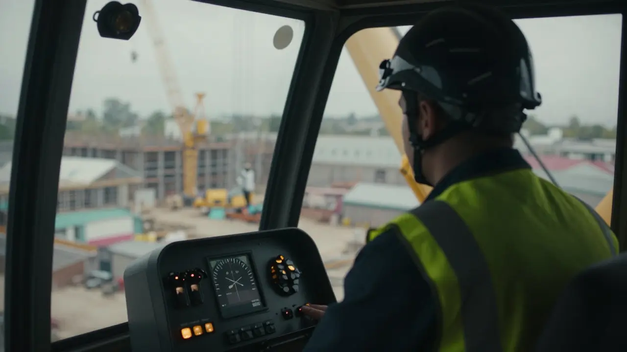 Vinç operatörü, güvenlik yeleği giymiş şekilde kabinin içinde dışarıyı izliyor.