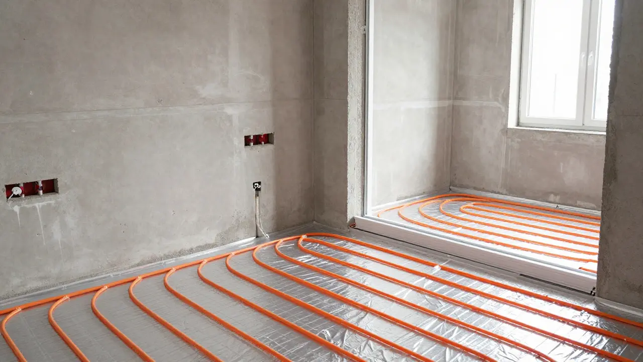 Yerden ısıtma sisteminin döşendiği ve pencerelerin takıldığı ev içi inşaat aşaması